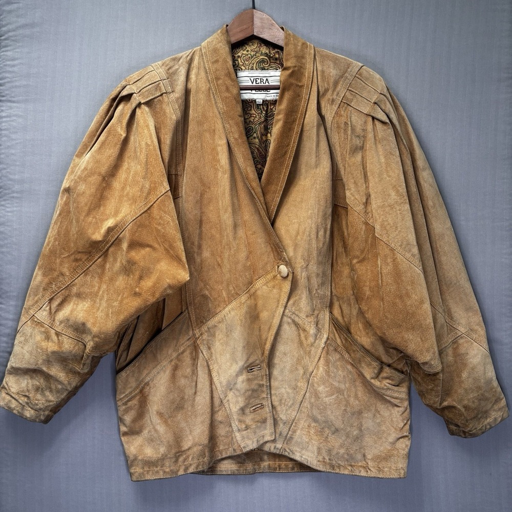 Vintage VERA PELLE Italian Suede Leather Jacket Womens 42 Tan Western Boho 80s